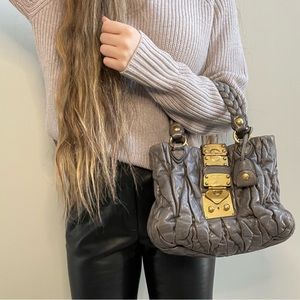 Miu Miu Matelasse Ruffled Puff Leather Silver Handbag with Detachable Strap